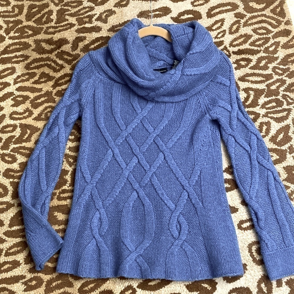 Moda International Wool Blend Cowl Neck Sweater Womens M Blue Cable knit Y2K